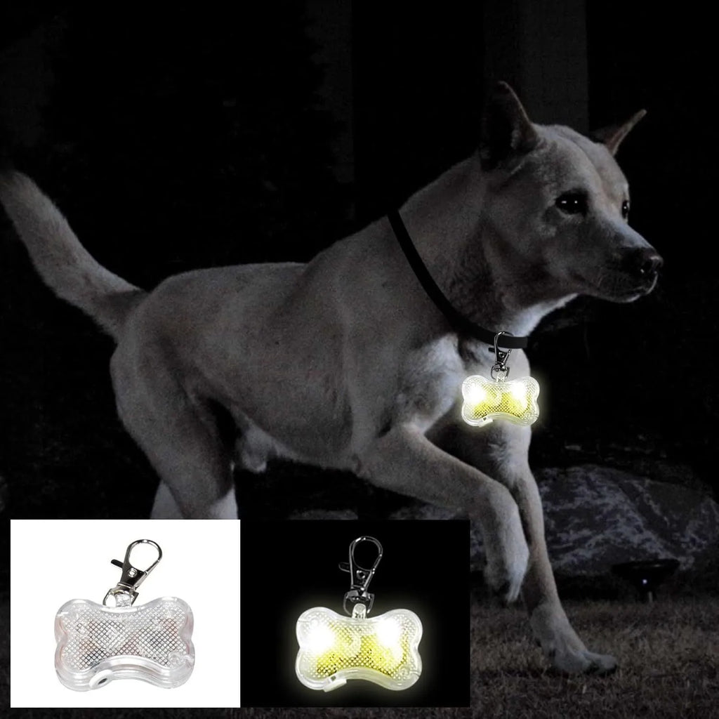 Blue LED bone-shaped luminous pendant attached to a dog collar with three lighting mode options