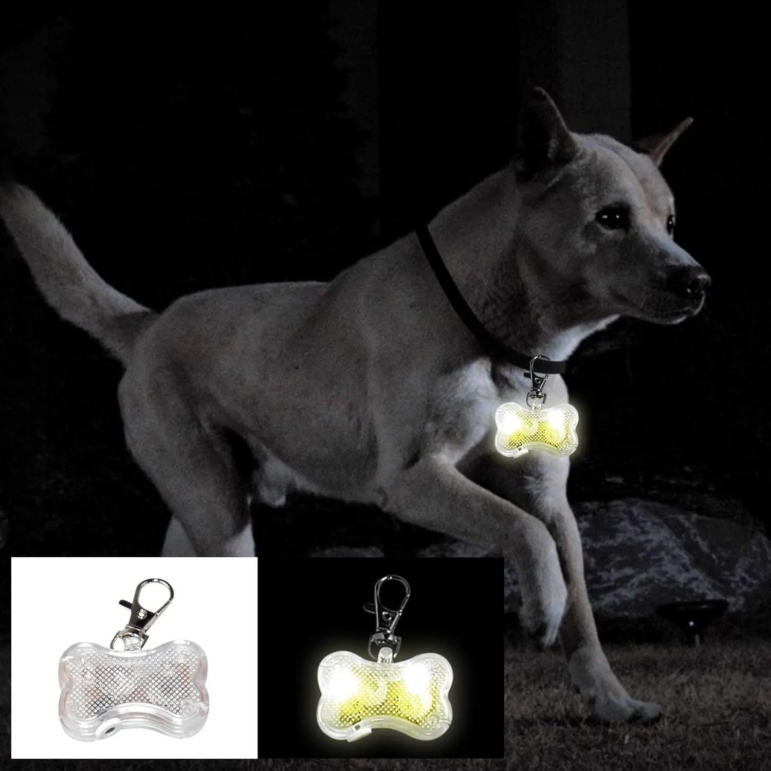 Blue LED bone-shaped luminous pendant attached to a dog collar with three lighting mode options
