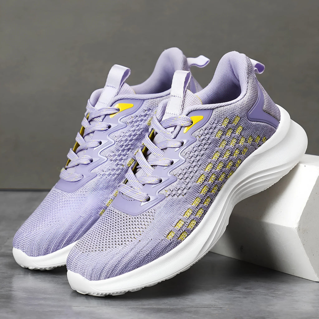 Women's lavender purple and royal blue flyknit running shoes with striped pattern and mesh lining in plus sizes