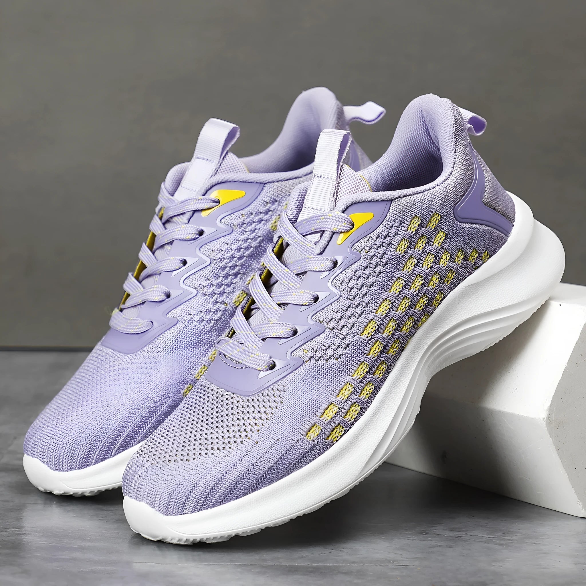 Women's lavender purple and royal blue flyknit running shoes with striped pattern and mesh lining in plus sizes