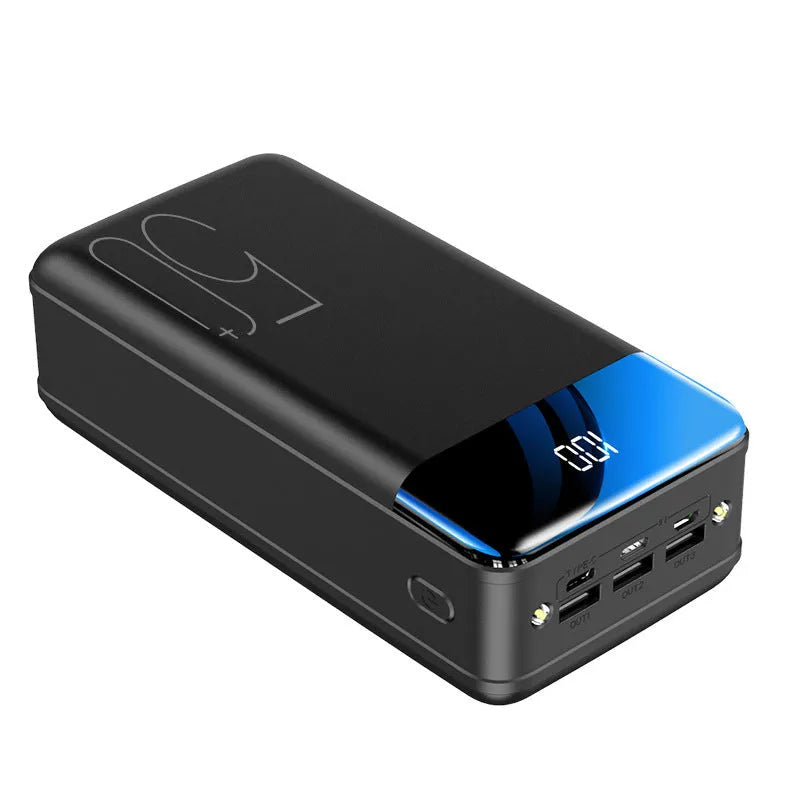 Black or white 50000 mAh power bank with three output ports measuring 169 x 83 x 52 mm