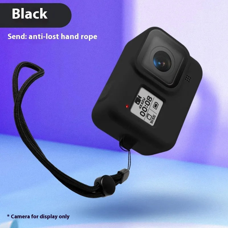 Blue silicone protective sleeve and black wrist strap for GoPro Hero 8 Black camera.
