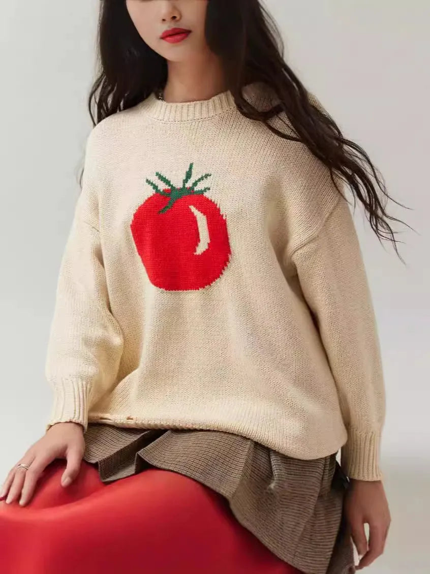 Beige women's loose-fitting acrylic sweater with a round neck and textured Jacquard knit pattern.