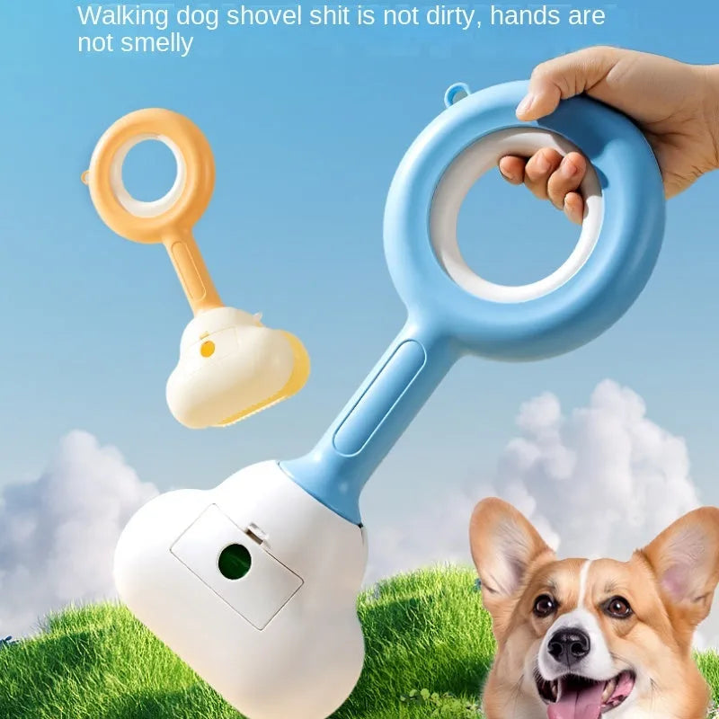White blue dog pooper scooper with cloud-shaped jaws for outdoor waste cleanup