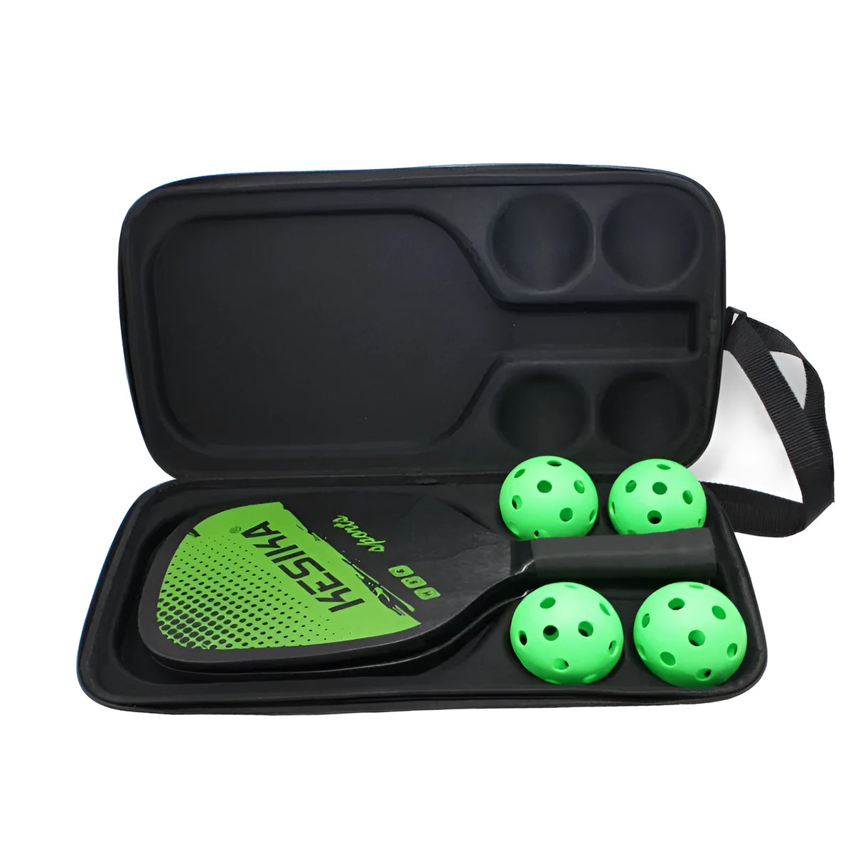 Black EVA pickleball shoulder bag holding one paddle and four balls with dual straps.