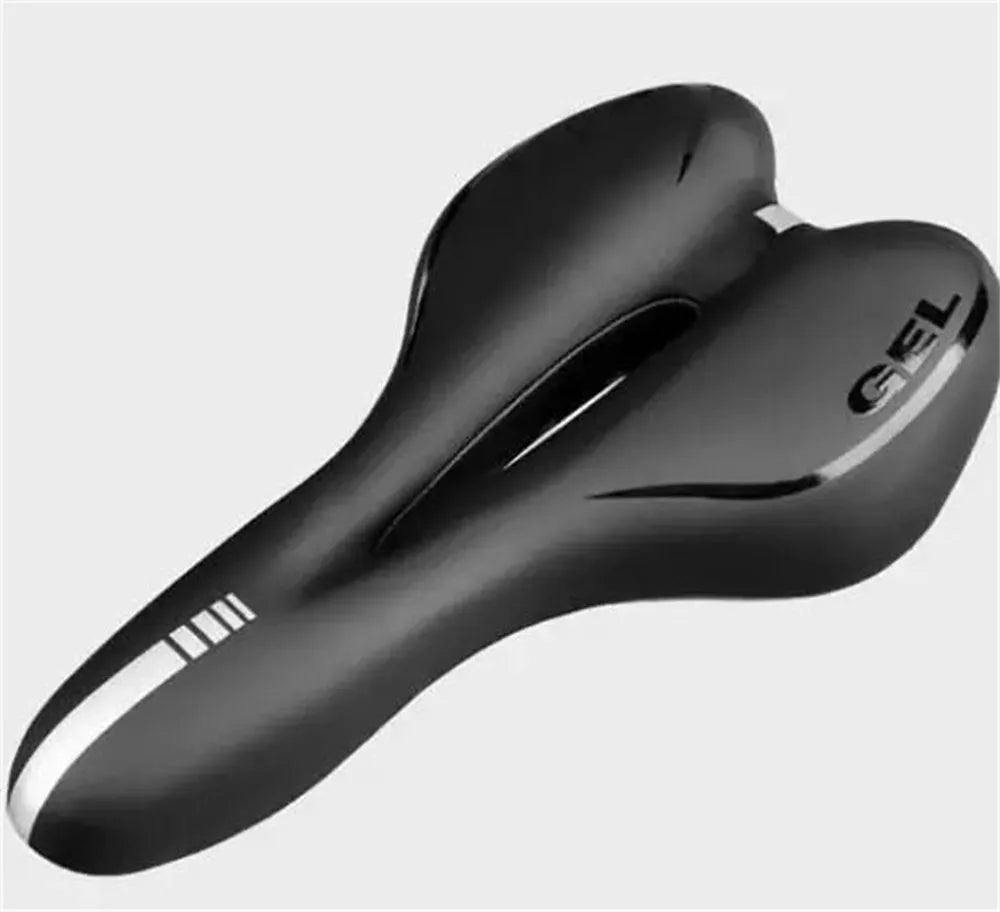 Thick soft silicone bicycle saddle with steel springs, PU leather cover, waterproof cover, wrench, and tyre patch kit.