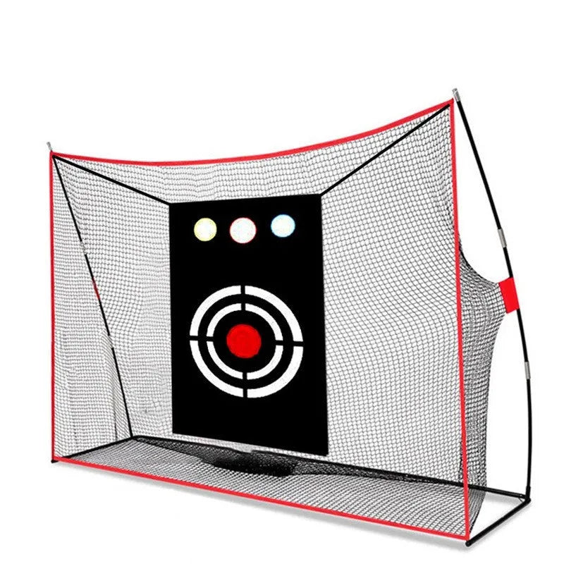 Golf training net with three target holes, practice balls, tee and assembly accessories on straw mat
