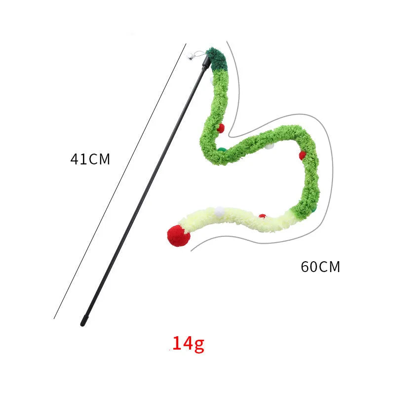 Colourful cat wand toy with plush strip and bell ball on 41cm pole