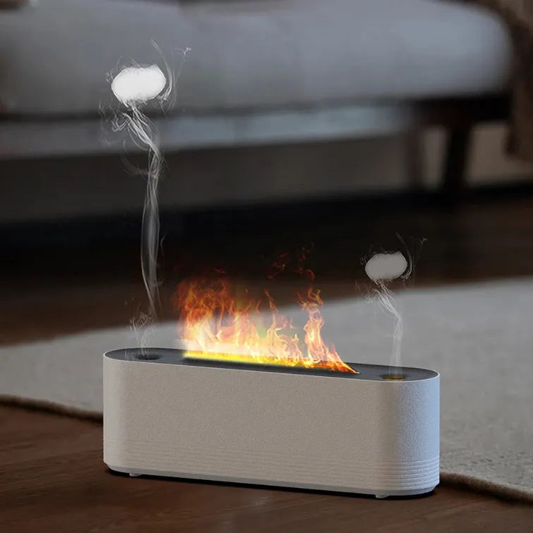 Black ultrasonic aroma diffuser with LED flame light effect emitting cool mist
