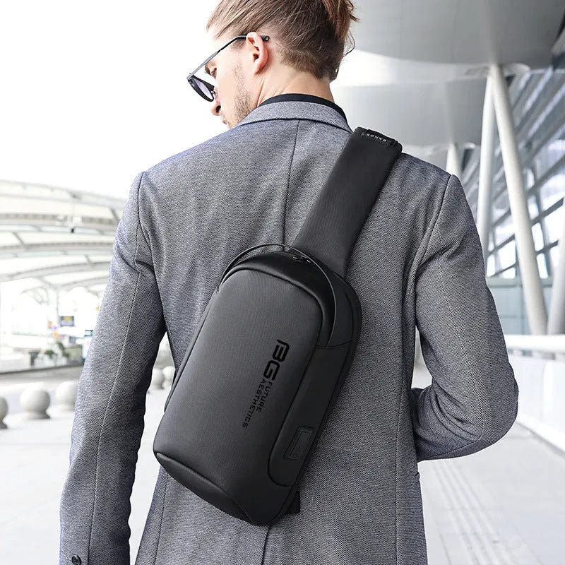 Men's Oxford cloth USB shoulder bag for business travel in blue colour with letter detail