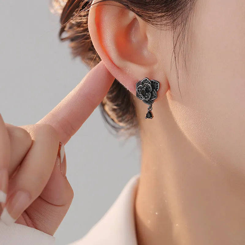 Black rose zircon flower stud earrings with electroplated 18K gold finish on copper