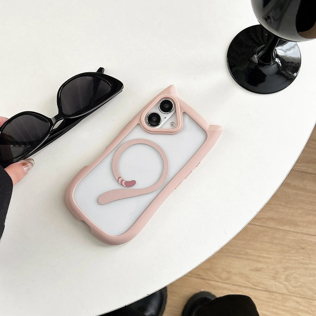 Transparent acrylic TPU phone case with magnetic suction for IPhone17 models in black, blue, grey, and pink.