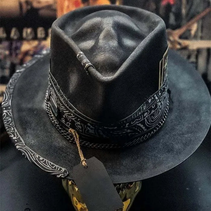 Handmade wool felt skull hat with conical crown design in denim-style finish