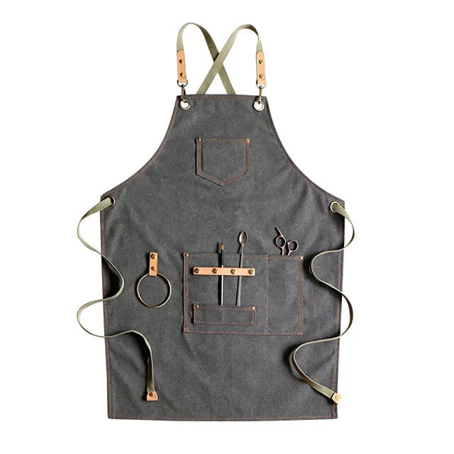 Han style canvas apron with cross-back straps in solid camel colour for cafe baking work