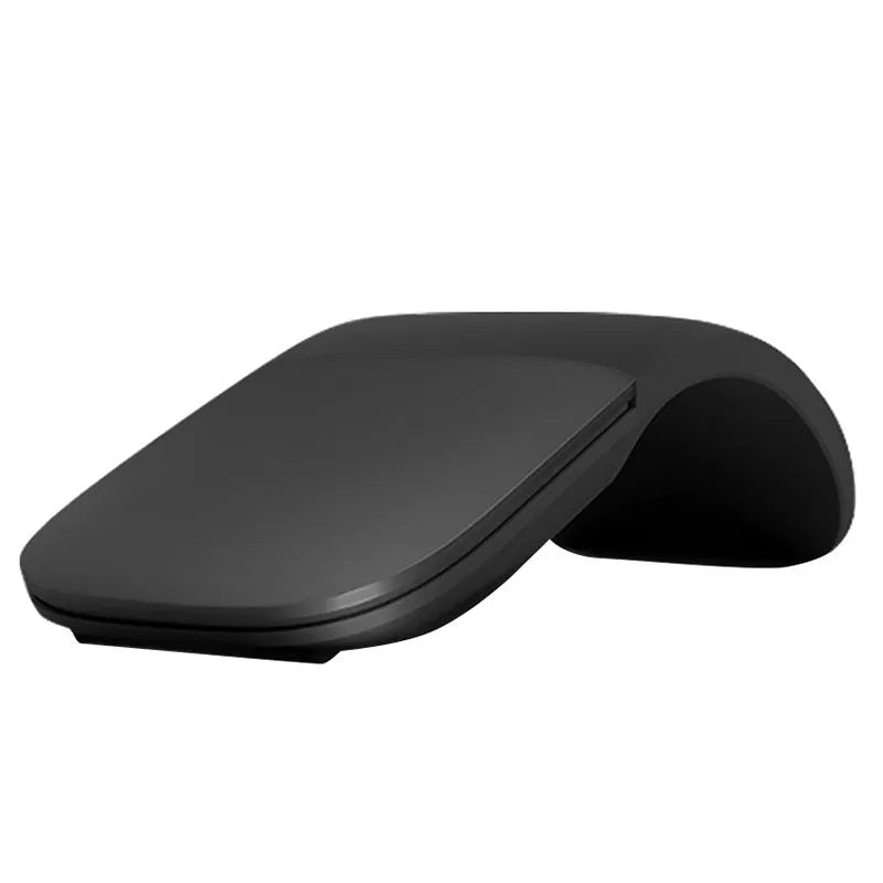 Black foldable Bluetooth touch wireless mouse shown open and closed next to a laptop
