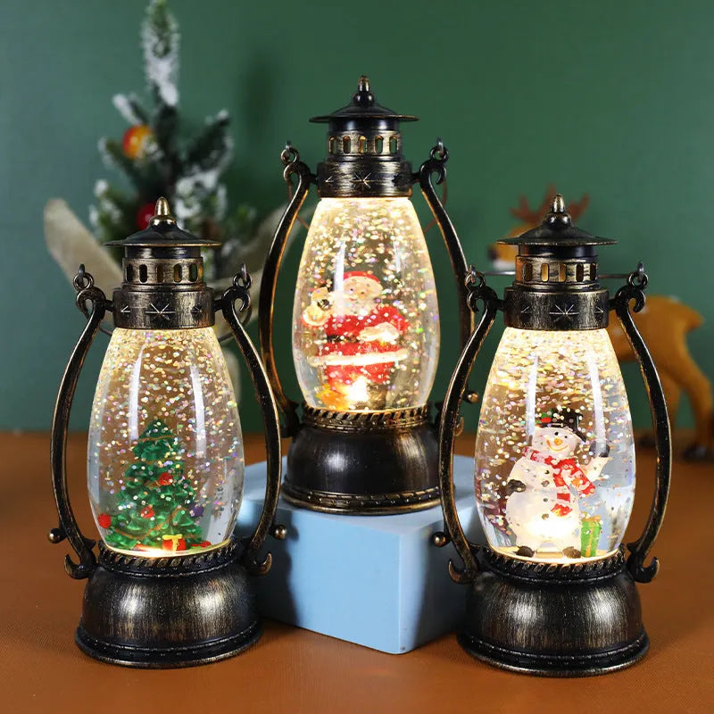 Plastic Crystal ball lamp with light, showing Snowman and Elderly Oil Lamp Christmas decoration designs.
