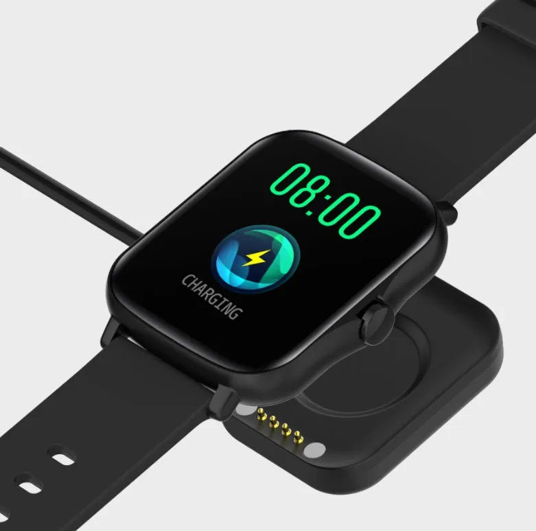 Blue smart watch with 1.7-inch touch screen on wrist, showing fitness stats interface.