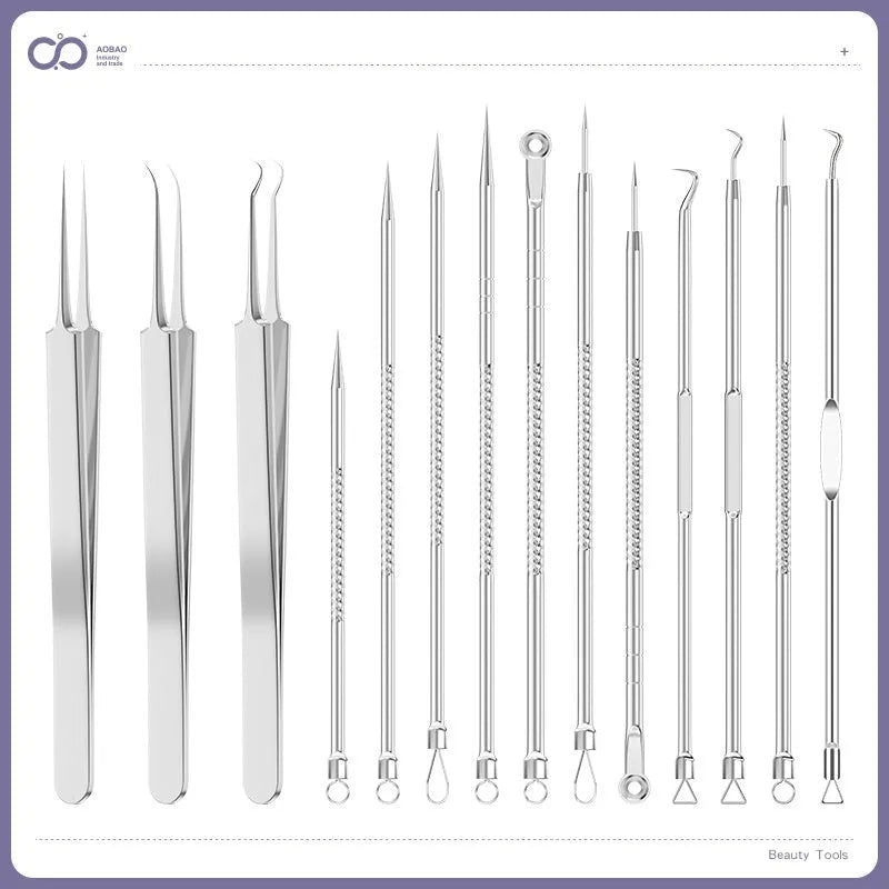 Four silver metal acne needles and a handling clip laid out on a clean surface.