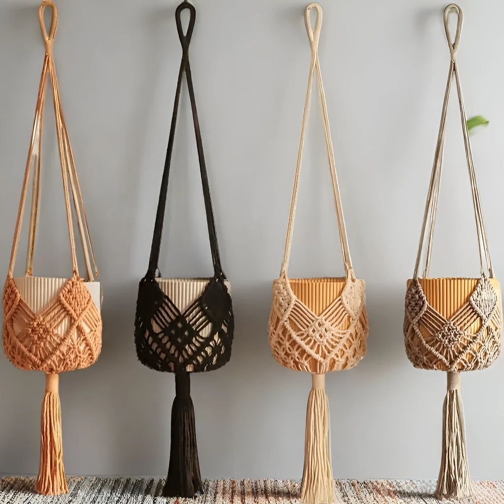 Hand-woven brown polyester cotton net pocket extension cord on a grey flower pot.