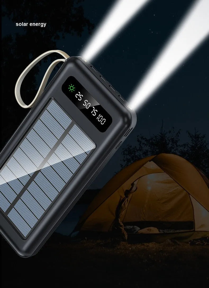 Cool black solar power bank with integrated solar panel showing capacity label and USB port.