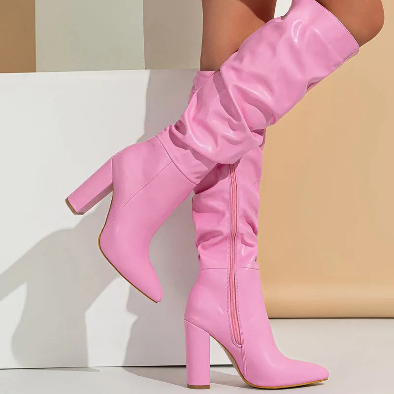 Women's pointed toe high heel boots in pink or white with side zip and 8cm+ heels