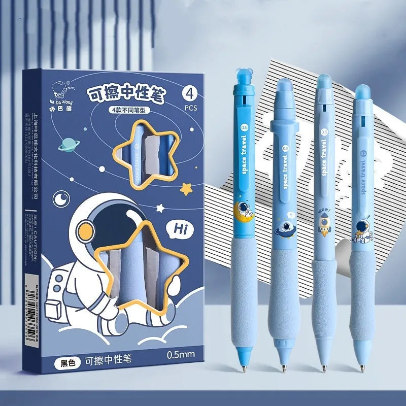 Erasable gel pen with cartoon designs and 0.5mm tip in black or crystal blue ink