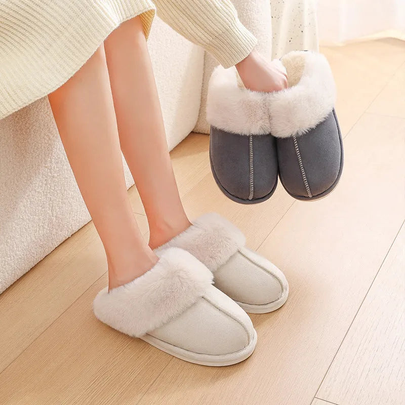 Pair of plush-lined indoor slippers with a flat PVC anti-slip sole, shown in a choice of colours.