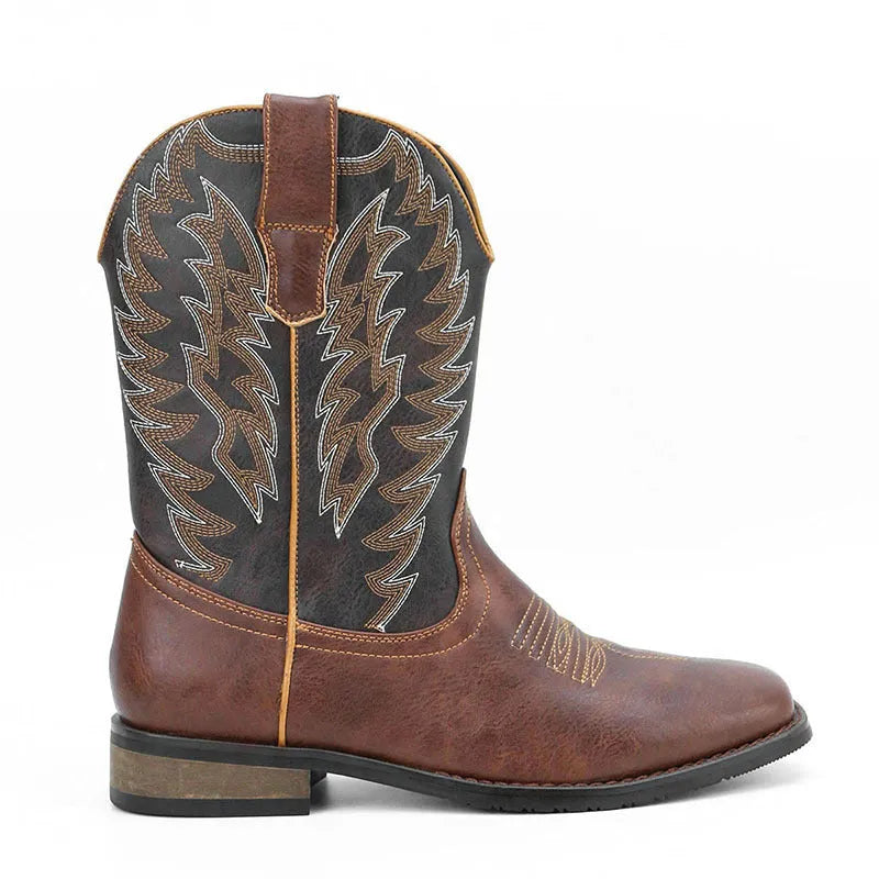 Men's black artificial leather Western-style motorcycle boots with square toe and wedge heel.