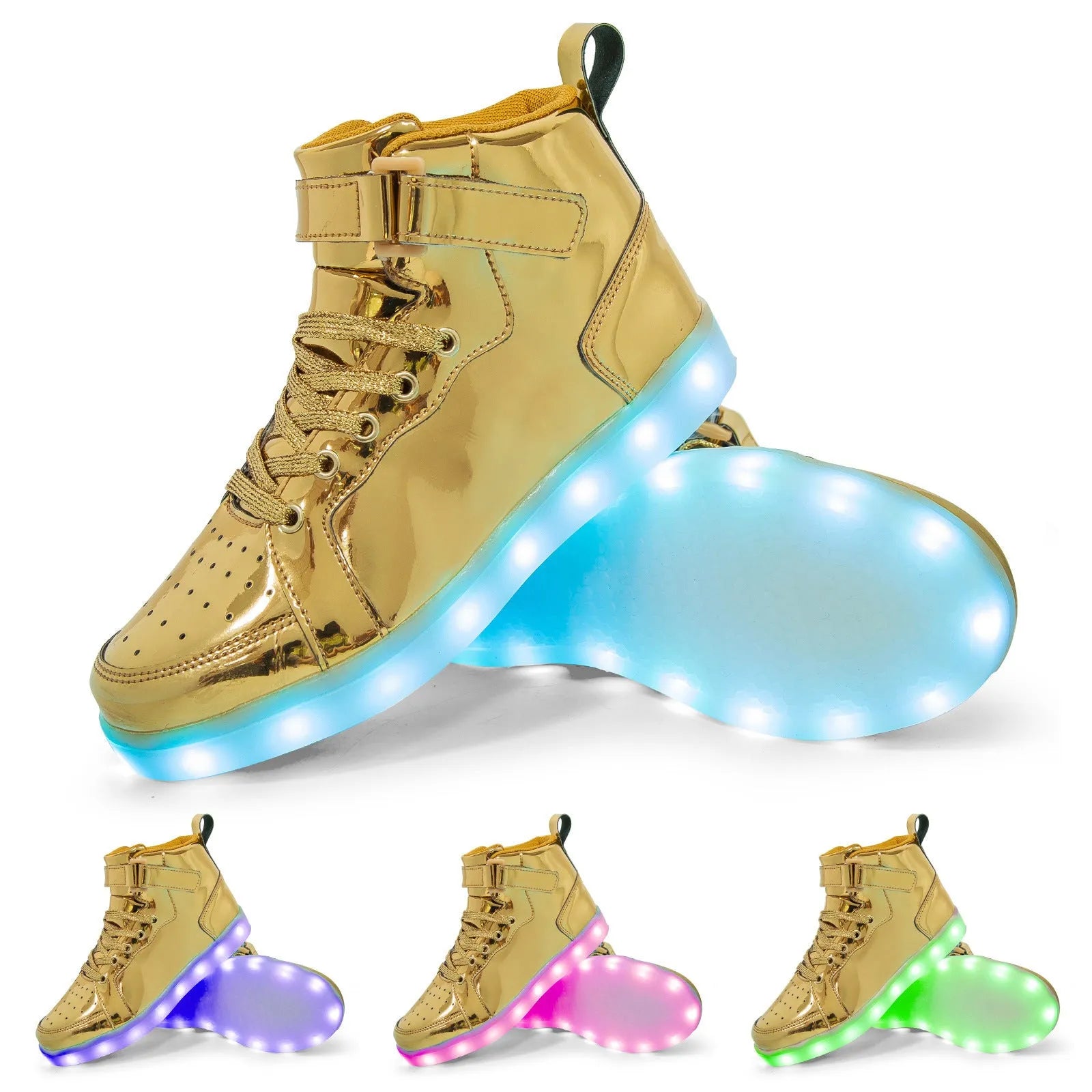 Pair of LED high-top board shoes with lights on, showing Velcro fastening and rubber sole.