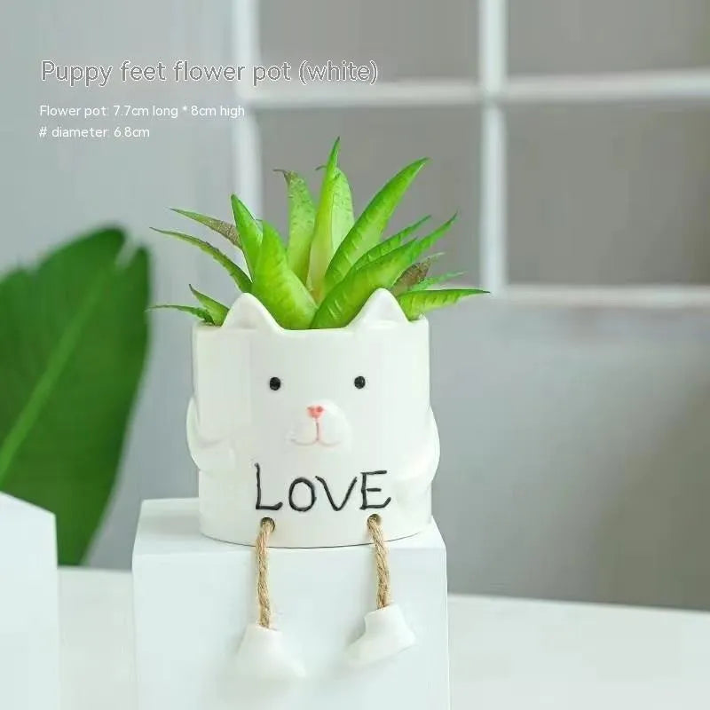 Ceramic hanging foot flowerpot for succulent plants in cartoon style with twelve colour variations on desktop