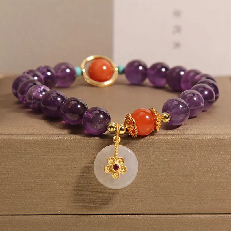 Amethyst crystal bracelet for women with jade safety knot and small flower inlay