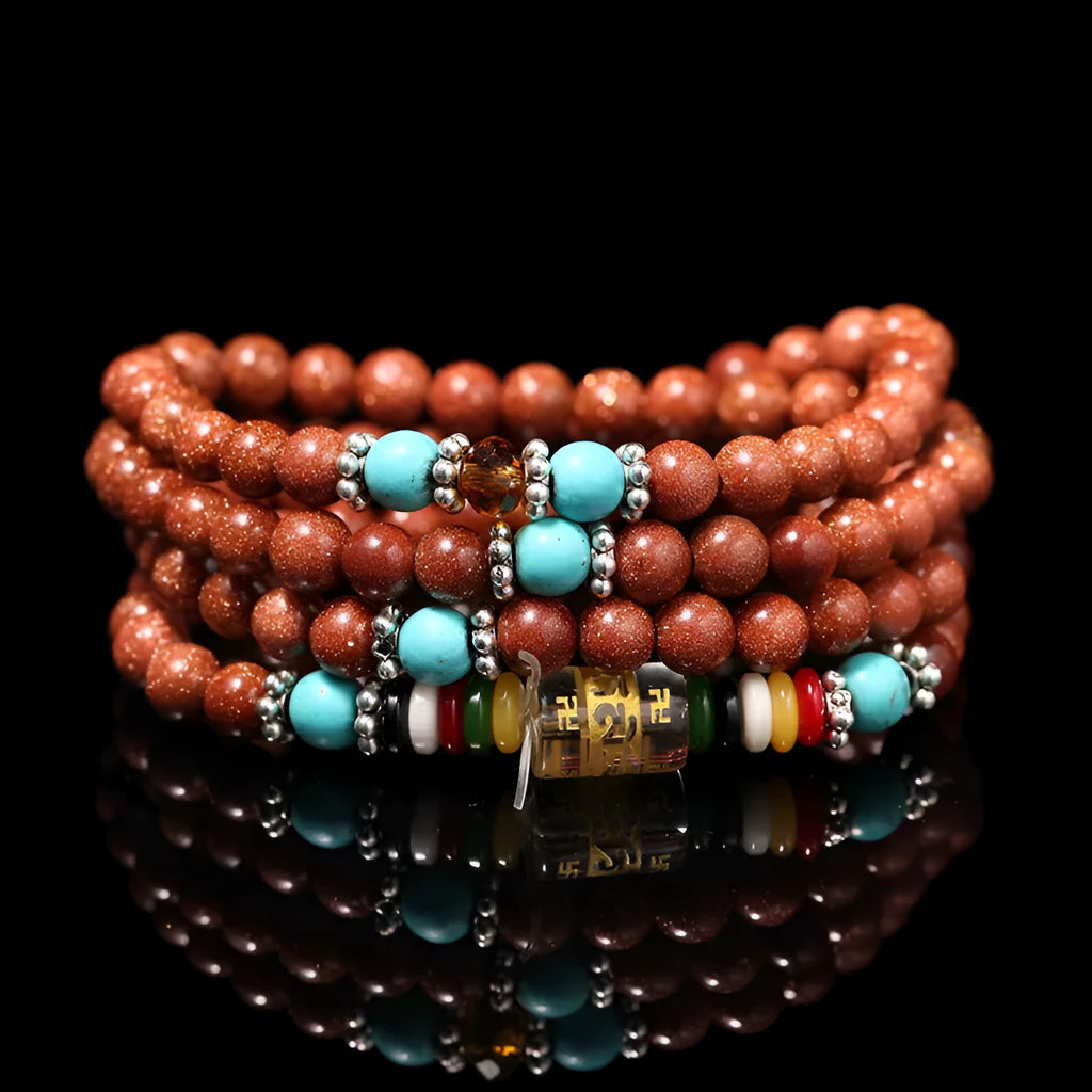 Golden star stone women's mantra bracelet with 108 nugget sand pieces and fu character design