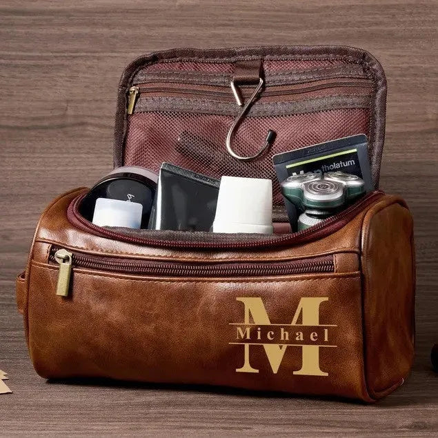 Men's personalised PU travel bag in four colour options with included makeup bag