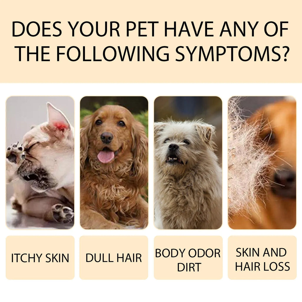 Bottle of mild dog shampoo for soft fur, showing 100ml and 300ml size options