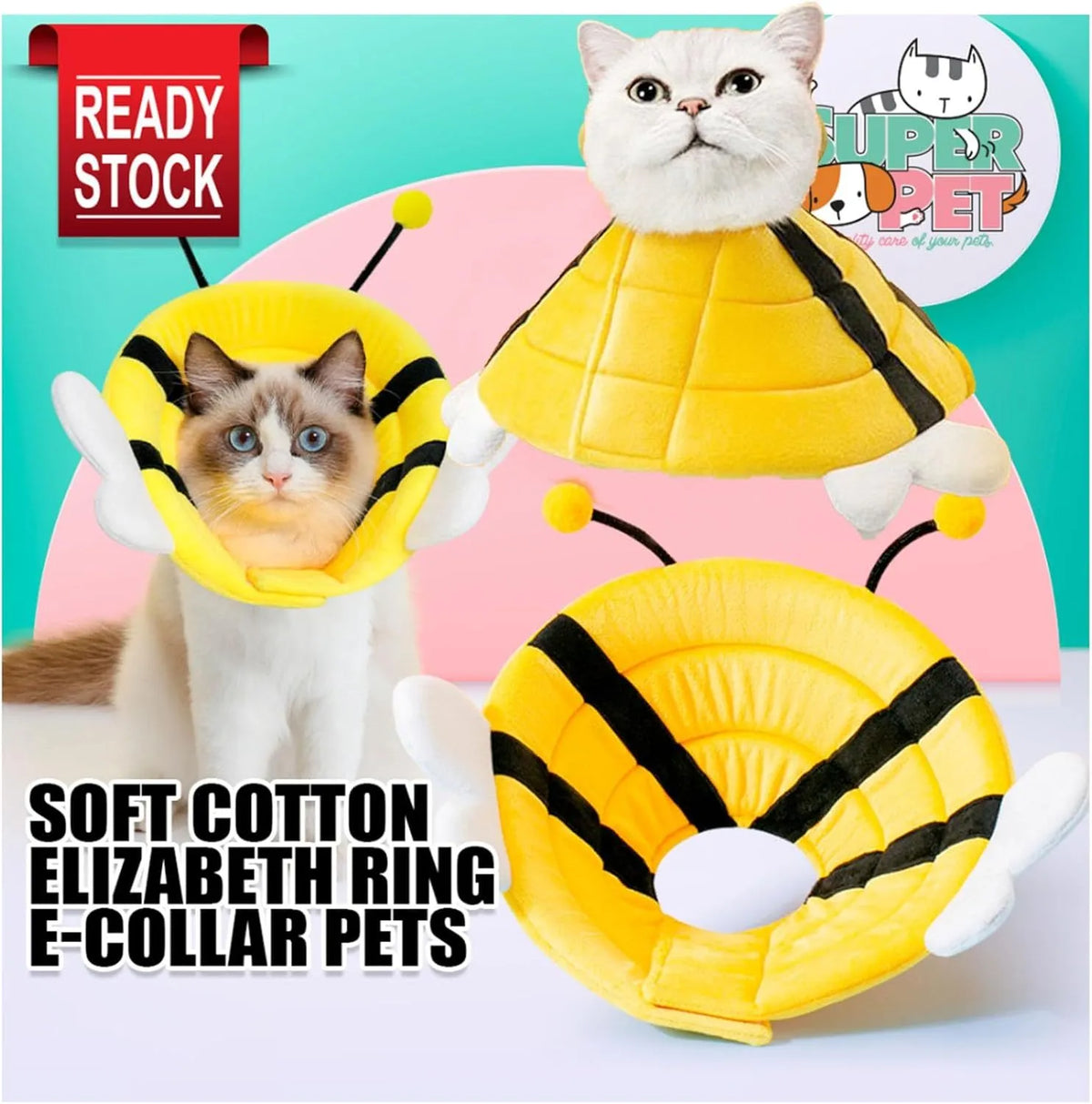 Soft fabric cat recovery collar with black and yellow bee design and white adjustable Velcro strap.