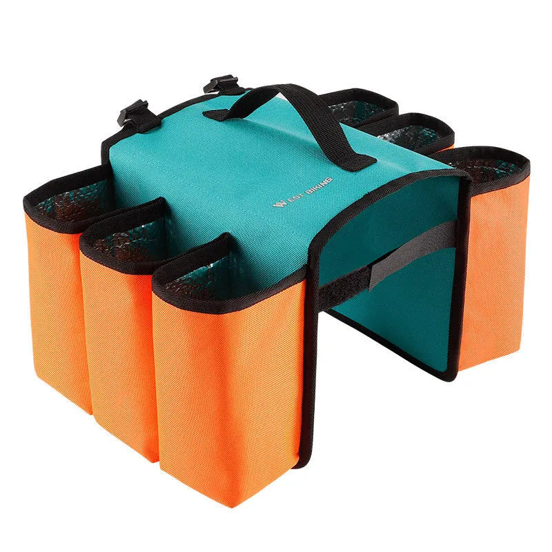 Black and orange double-sided bicycle drink bag made from 600D PVC mounted on handlebars.