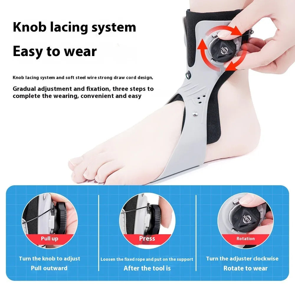 Grey adjustable ankle support brace with airbag button, shown on a left foot.