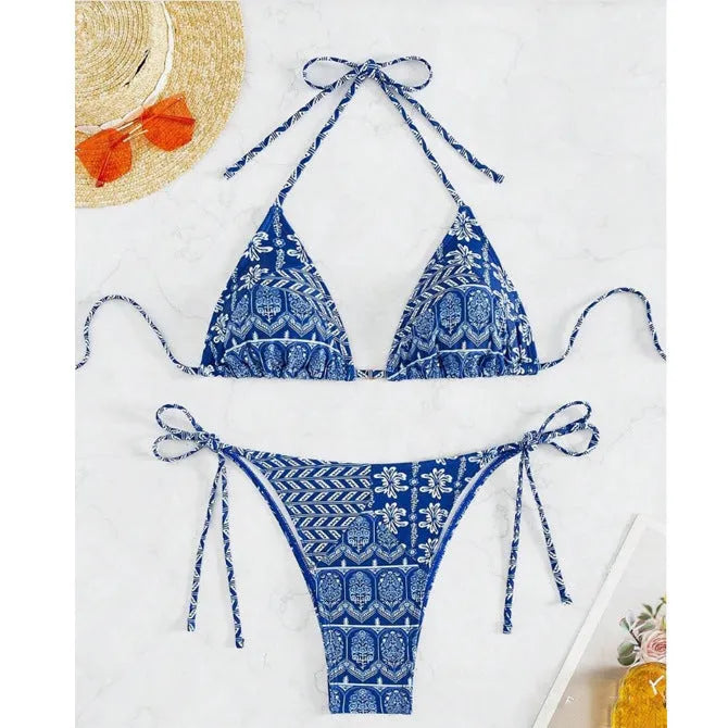 Women's green bandage style bikini with printed stitching on a briefs bottom.