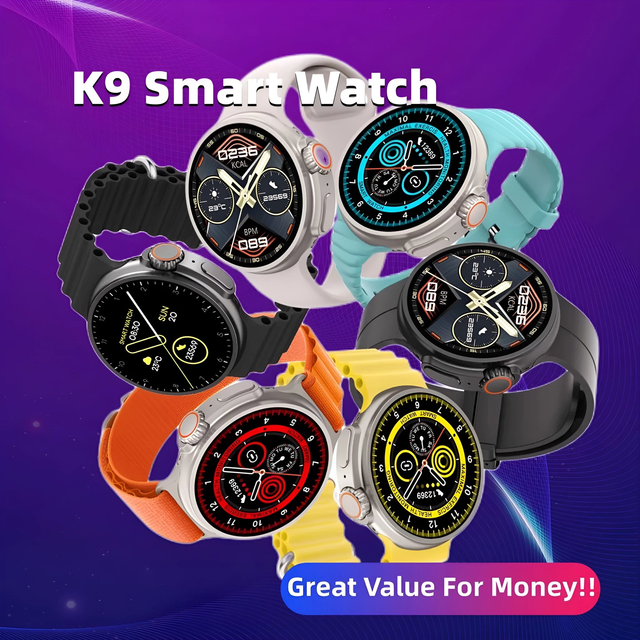 K9 smart watch with round screen on silicone strap showing health metrics and NFC payment function
