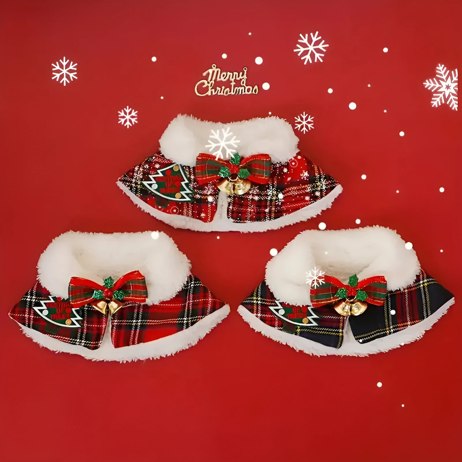 Polyester pet Christmas scarf for dogs and cats with snowflake and bell patterns in red and blue colours