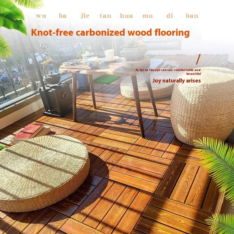 Camphor pine wood flooring tiles with brushed finish in 30x30cm dimensions for indoor and outdoor use