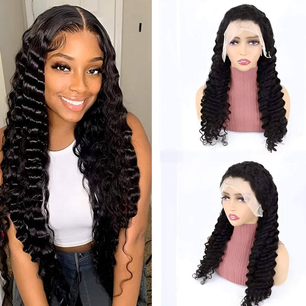 Solid colour human hair half lace wig displayed on a stand, showing its length and hand-woven construction.