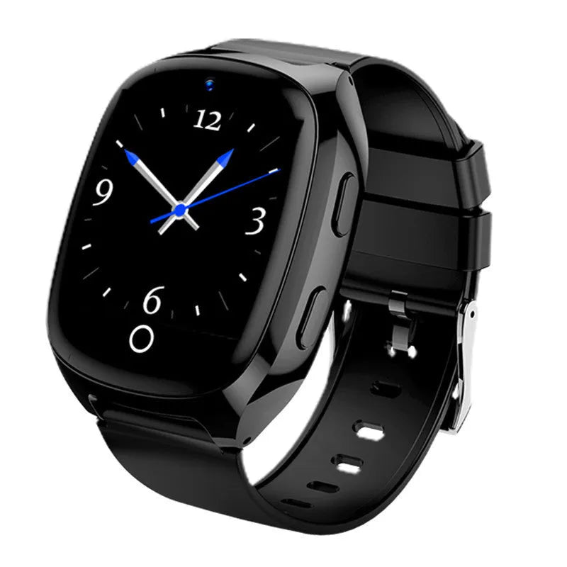Black GPS tracker smartwatch with 1.54-inch touch screen showing heart rate monitoring and SOS alarm function.