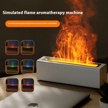 Square USB aromatherapy diffuser with colourful simulated flame effect and humidification function