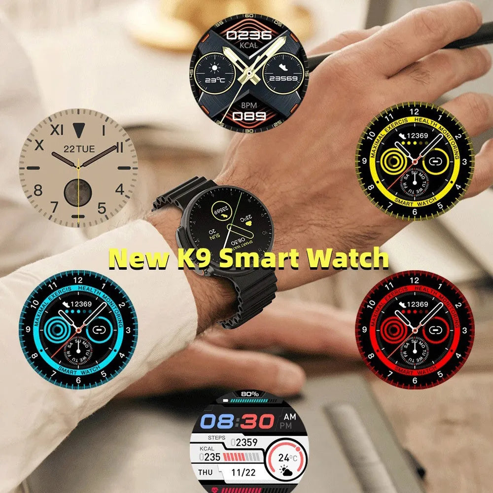 K9 smart watch with round screen on silicone strap showing health metrics and NFC payment function