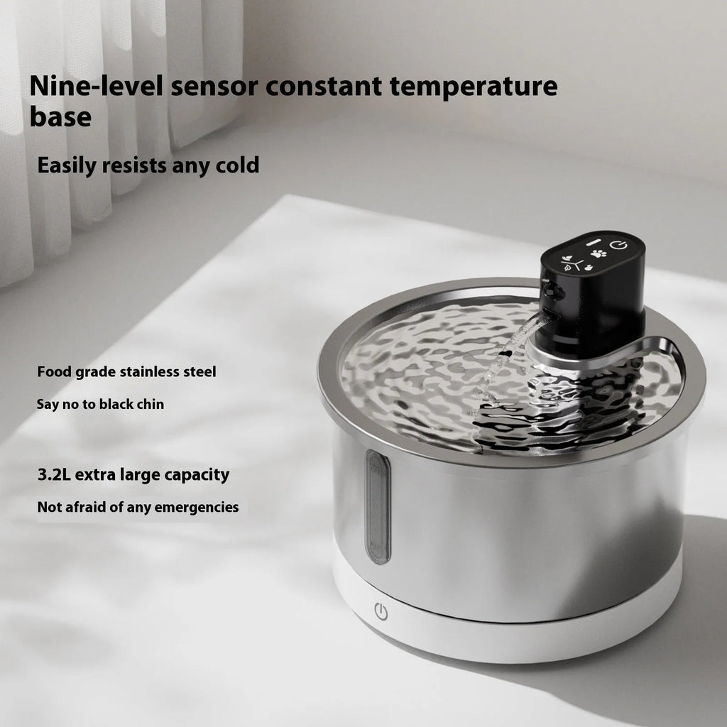 Stainless steel heated pet water fountain with adjustable temperature base in black or white