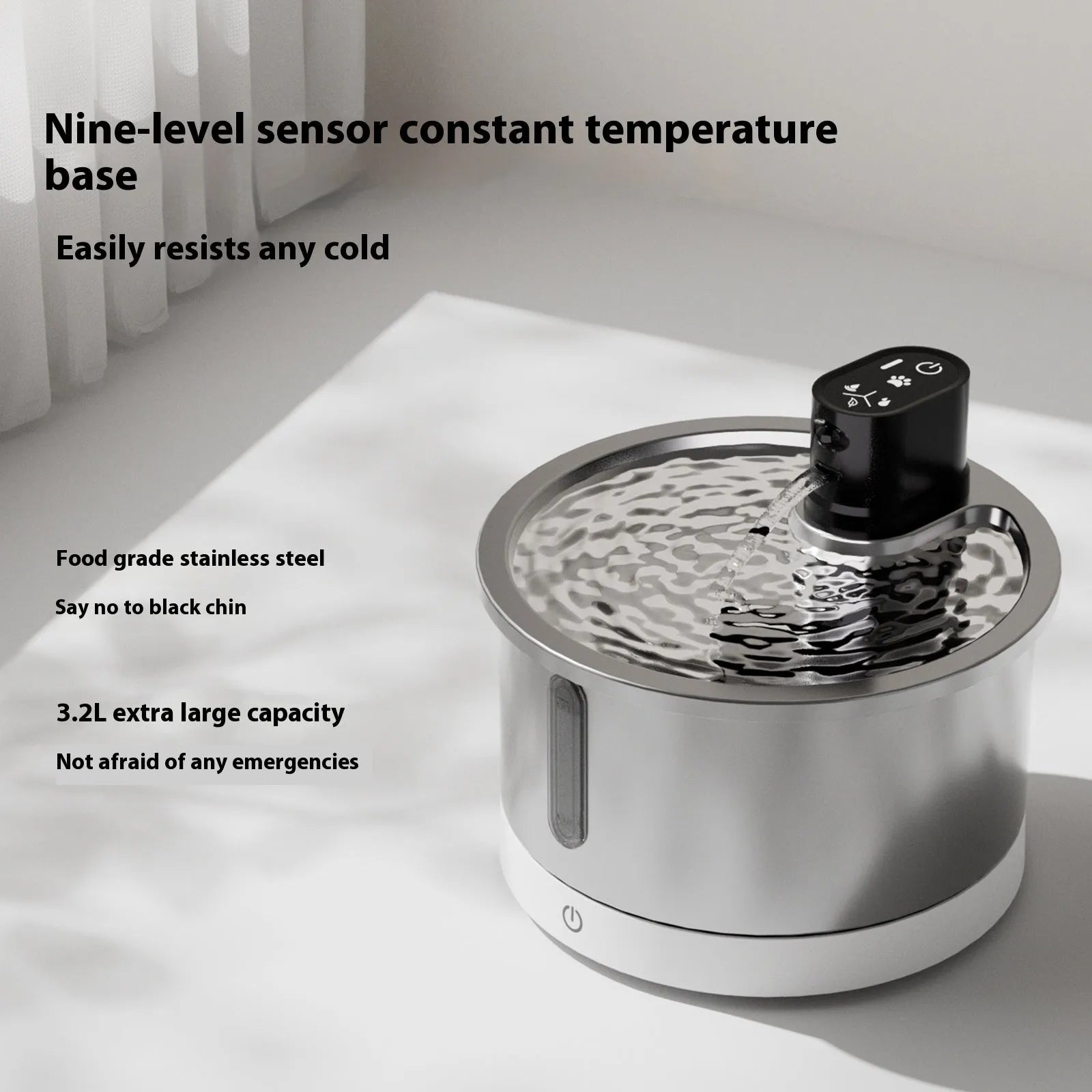 Stainless steel heated pet water fountain with adjustable temperature base in black or white
