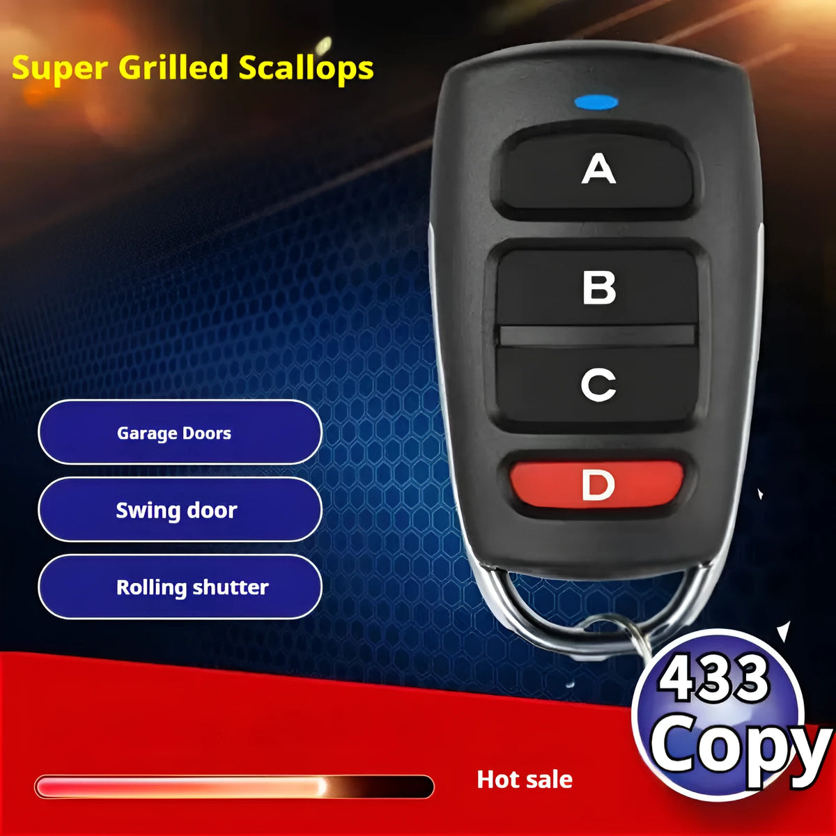 Clone remote control key 433MHz with ABCD or unlock button, 65x35.8x16mm, for garage door access control