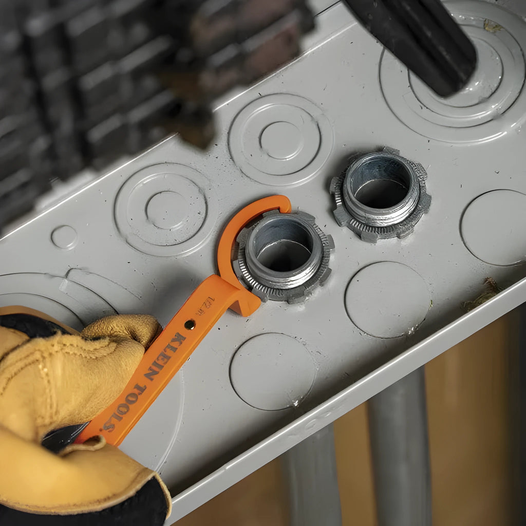 Three-piece crescent magnetic suction wrench kit in orange, gray, and black with locking mechanism.