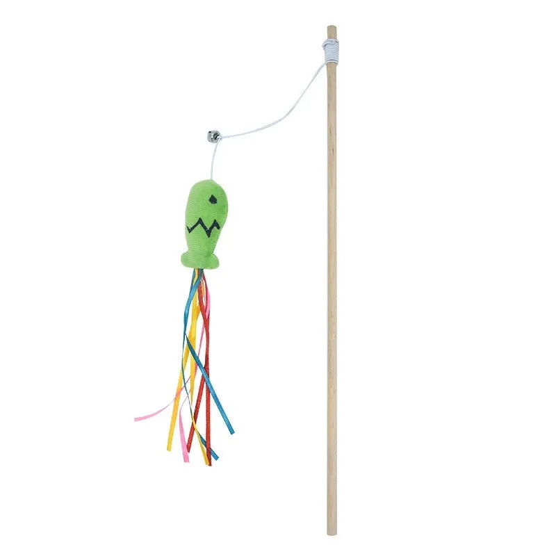 Wooden handle cat wand toy with catnip fish, colourful ribbons, and a bell for interactive play.